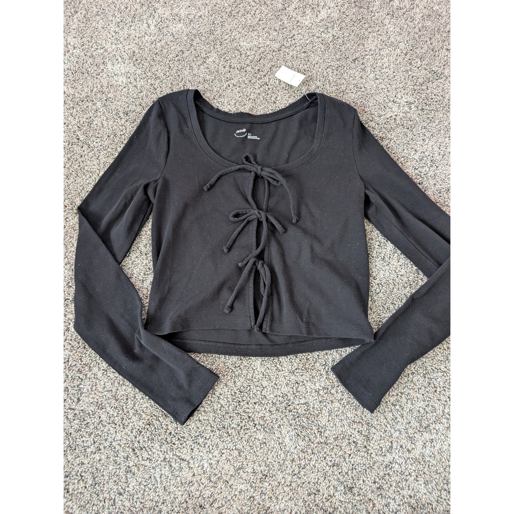 Aerie Black Ribbed Long‎ Sleeve Tie Front Cropped Top Soft NWT